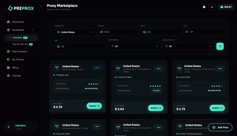 PreProx 24-hour mobile and WiFi proxy lease marketplace