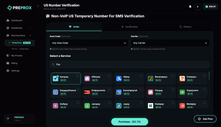 PreProx SMS verification dashboard for real US non-VoIP numbers