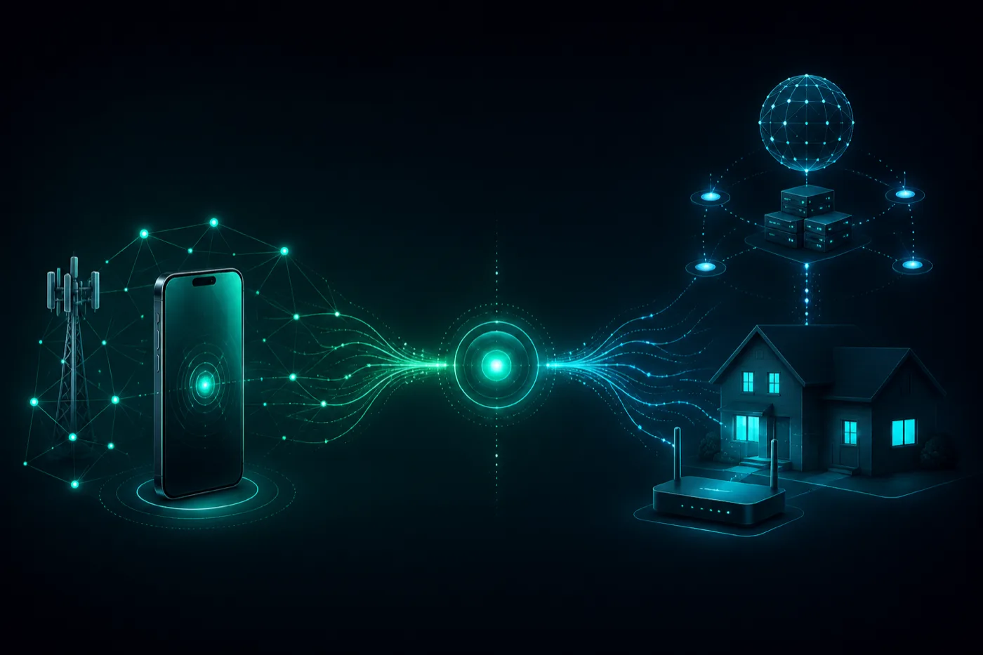Conceptual illustration comparing a mobile carrier proxy path with a residential home ISP proxy path